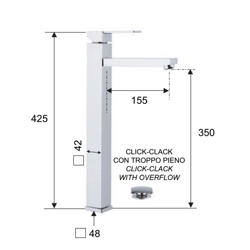 Miscelatore moderno qubika quadrato con bocca lunga per lavabi a bacinella Remer Q11LXL