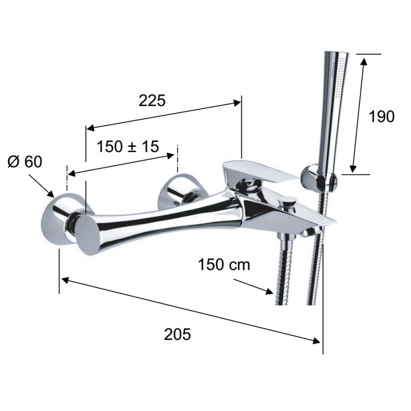 Rubinetto vasca duplex esterno con flessibile, supporto e doccetta - serie diva Daniel Rubinetterie DV610CR