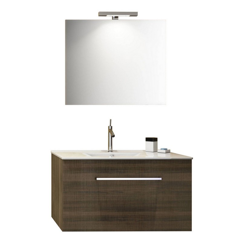 Mobile bagno sospeso noce tranchè 90 cm serie kio con lavabo e specchio DH 142-PK20090-NT