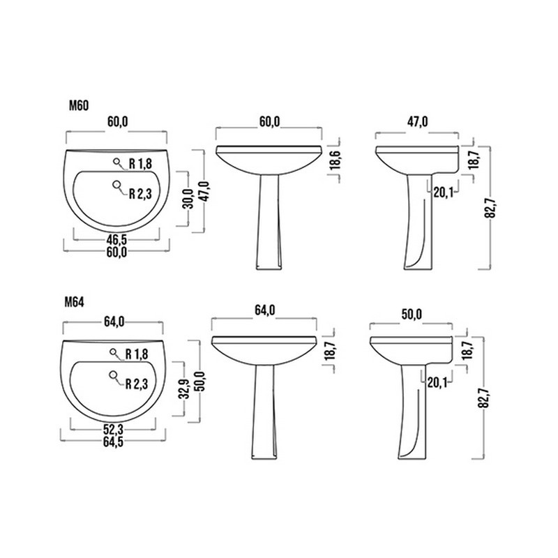 Lavabo sospeso felce in ceramica largo 60 cm LINPH 180-F100-M60