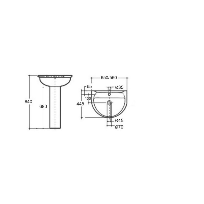 Lavabo monoforo 56cm serie kaila LINPH 180-L100-M56