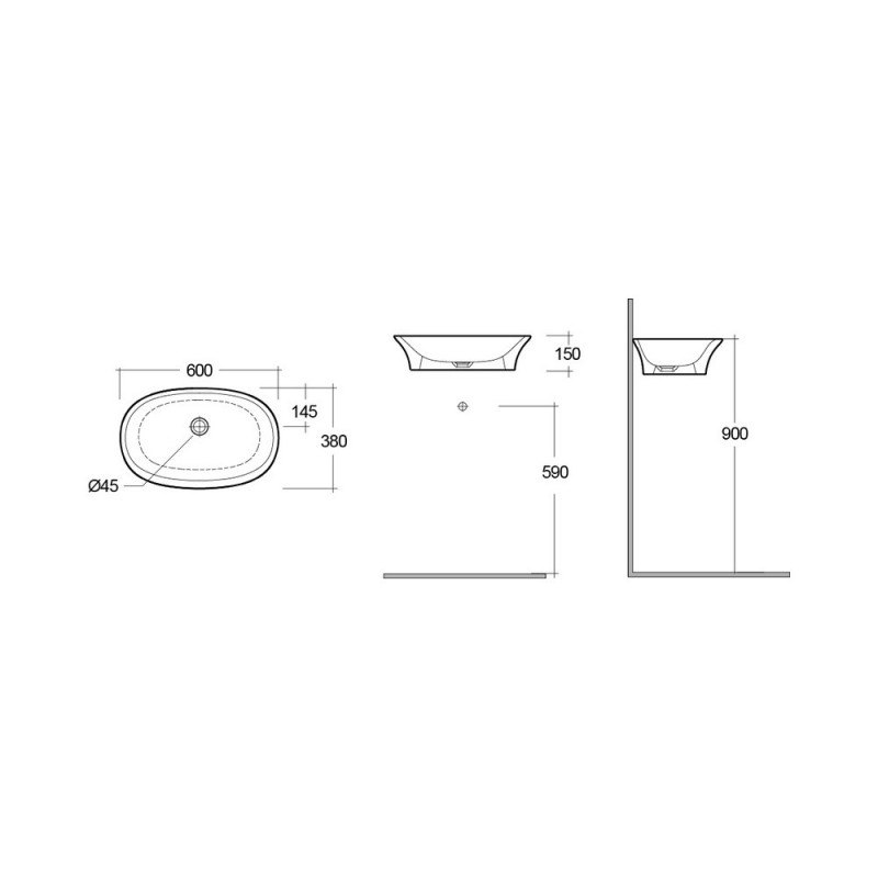 Lavabo sensation da appoggio ovale 60cm senza troppo pieno Rak Ceramics 182-U112-60