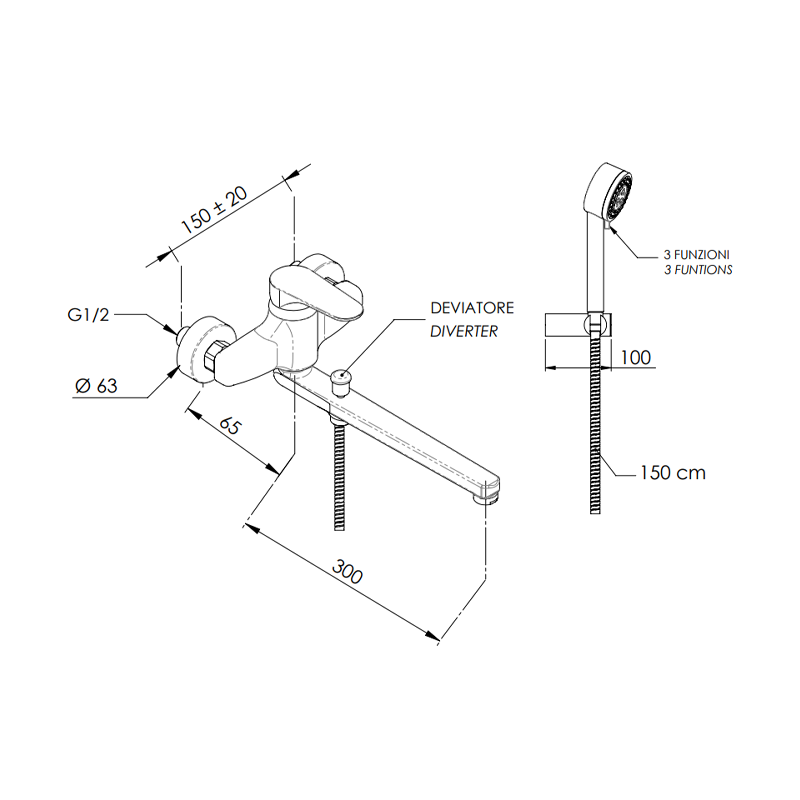 Rubinetto lavabo/vasca con canna fusa e deviatore, con kit doccia serie class line Remer L49