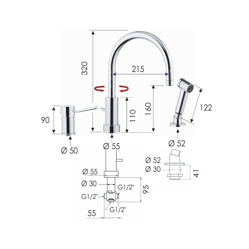 Rubinetto monocomando bordo lavello con deviatore, bocca minimale e doccetta a pulsante serie minimal Remer N48332EU