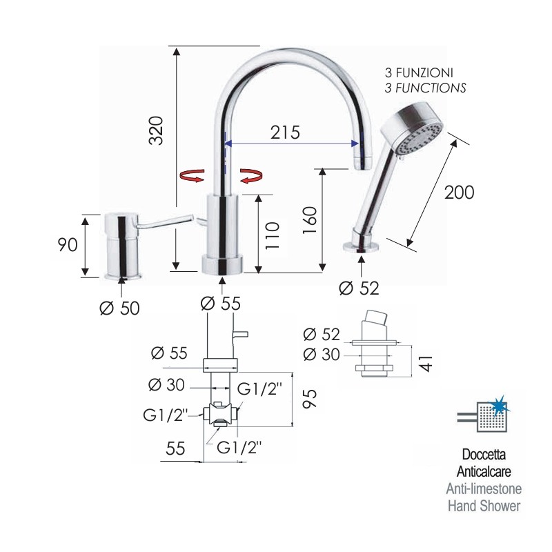 Miiscelatore bordo lavello con deviatore, bocca minimale e doccetta cromata serie minimal Remer N48319MO