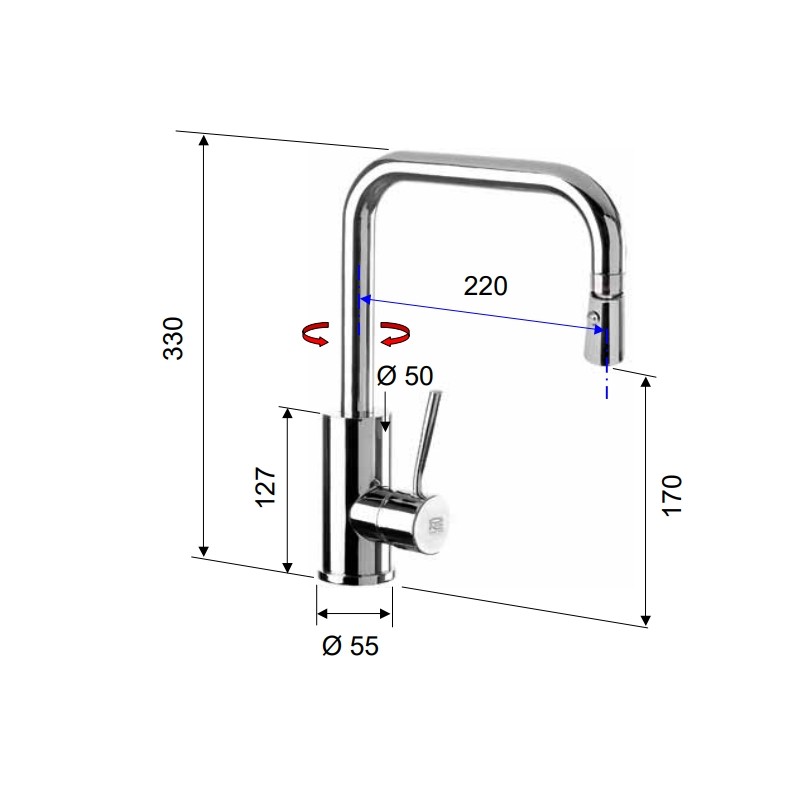 Rubinetto laterale per lavello con bocca a u girevole e doccetta dual jet serie minimal Remer N73