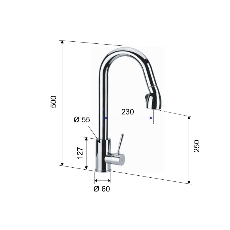 Rubinetto laterale per lavello a base tonda alto con bocca a j girevole e doccetta estraibile serie minimal Remer N86