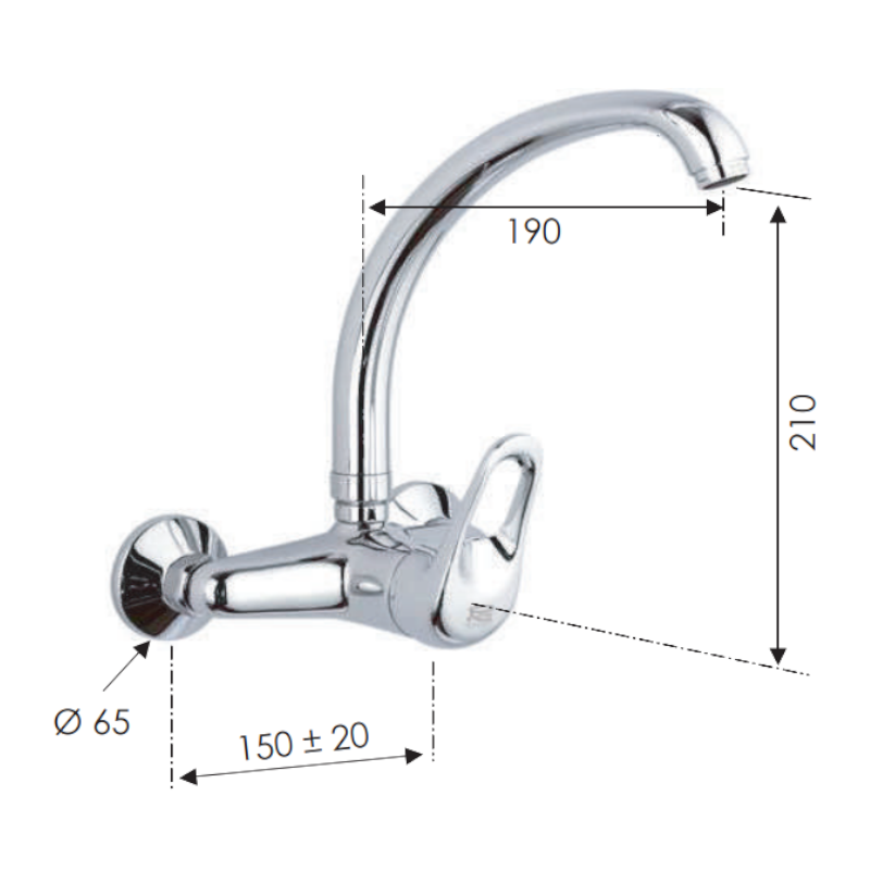 Rubinetto per lavello a muro con leva frontale e bocca alta girevole - serie kiss Remer K432